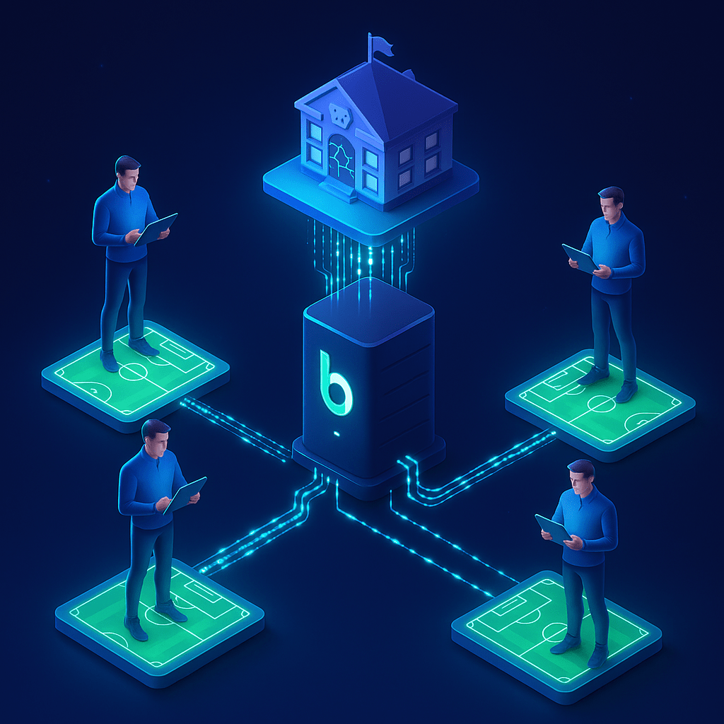 Representación de entrenaddores de fútbol conectados a una misma nube