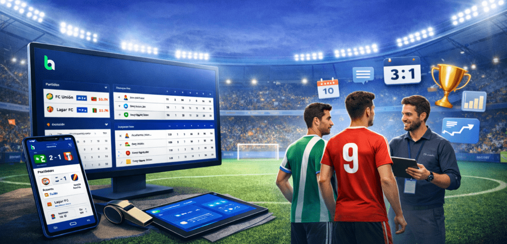 Ilustración de un entrenador y futbolistas organizando un torneo de fútbol con ordenadores y dispositivos digitales