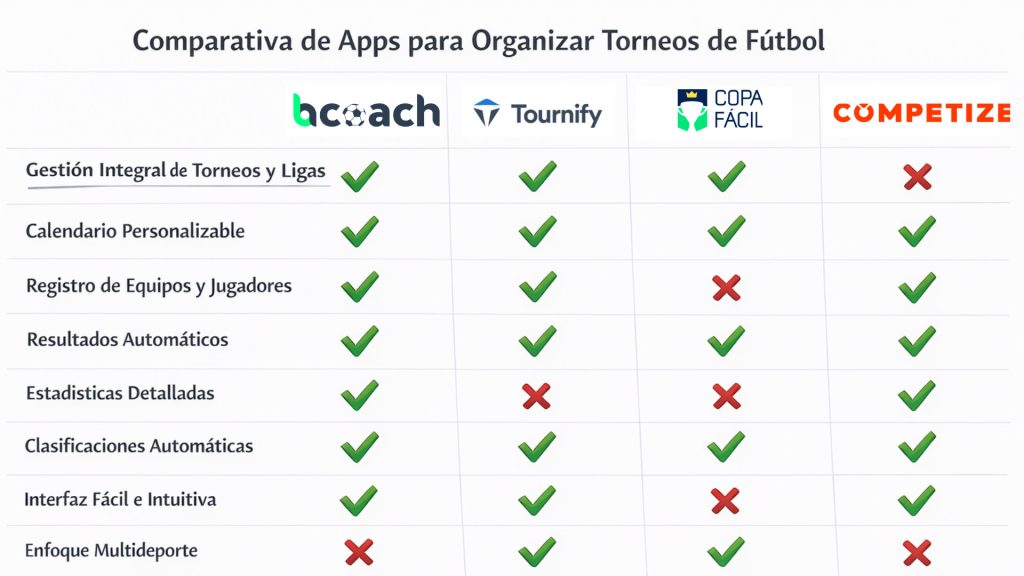 Ilustración de tabla comparativa de apps para organizar torneos de fútbol